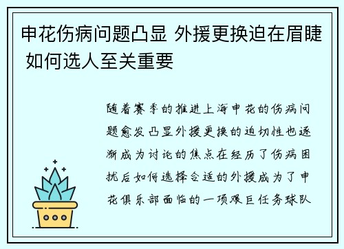 申花伤病问题凸显 外援更换迫在眉睫 如何选人至关重要