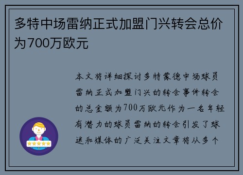 多特中场雷纳正式加盟门兴转会总价为700万欧元